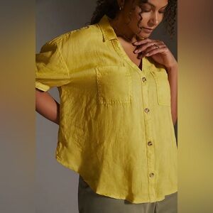 Pilcro Linen Surf Button-Down Top Short Sleeve Pocket Shirt Relaxed Fit